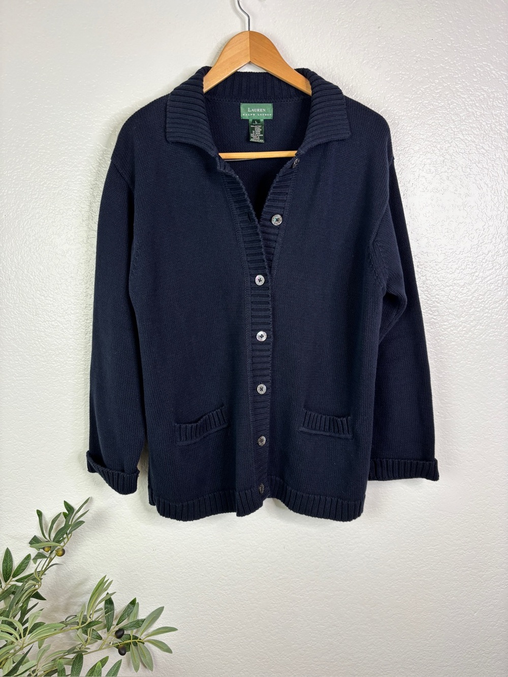 RALPH LAUREN Navy Collared Cardigan Sweater Size L